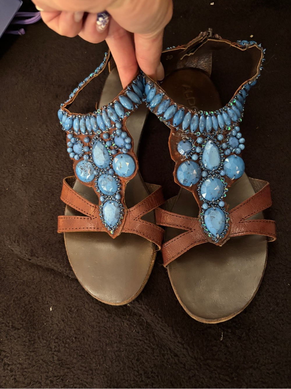 Aldo Brown Leather Sandals with Blue Beaded Embellishments